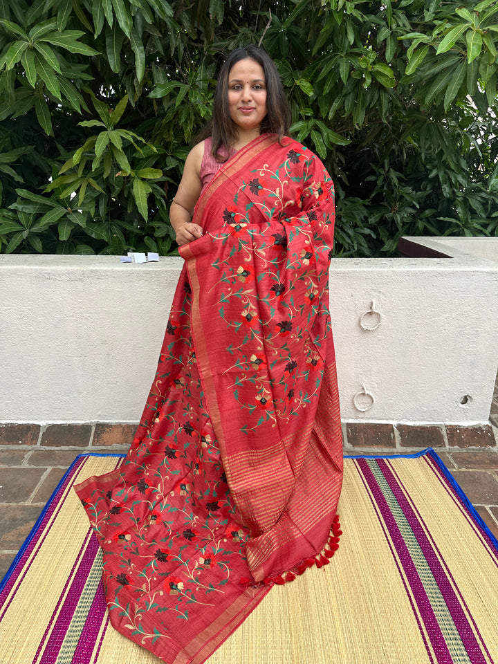 Floral Embroided Red Pure Tussar Silk Saree