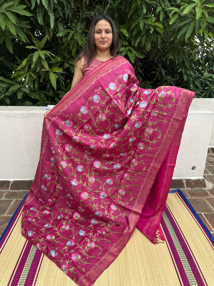 Floral Embroided Magenta Pure Tussar Silk Saree with Handblock Printed Pallu and Borders