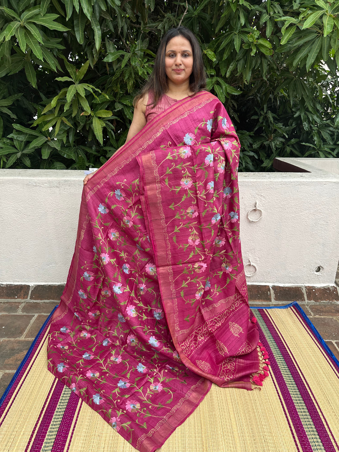 Floral Embroided Magenta Pure Tussar Silk Saree with Handblock Printed Pallu and Borders