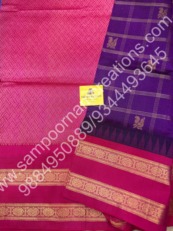 Purple with Magenta  , Rich Zari Kattam and  Annam  butta in the body , rettapet Borders and Grand Pallu Korvai Silk Cotton Saree