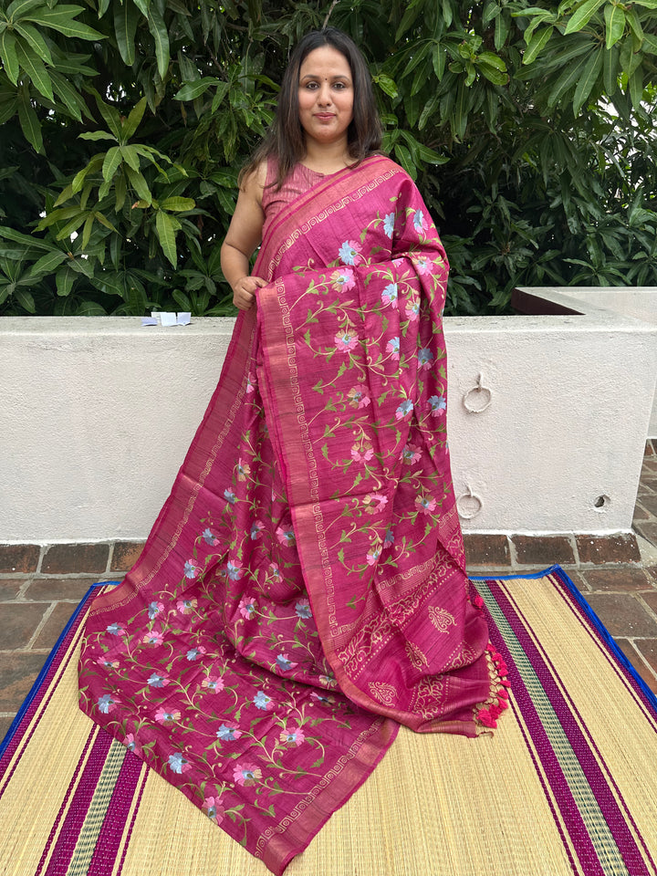 Floral Embroided Magenta Pure Tussar Silk Saree with Handblock Printed Pallu and Borders