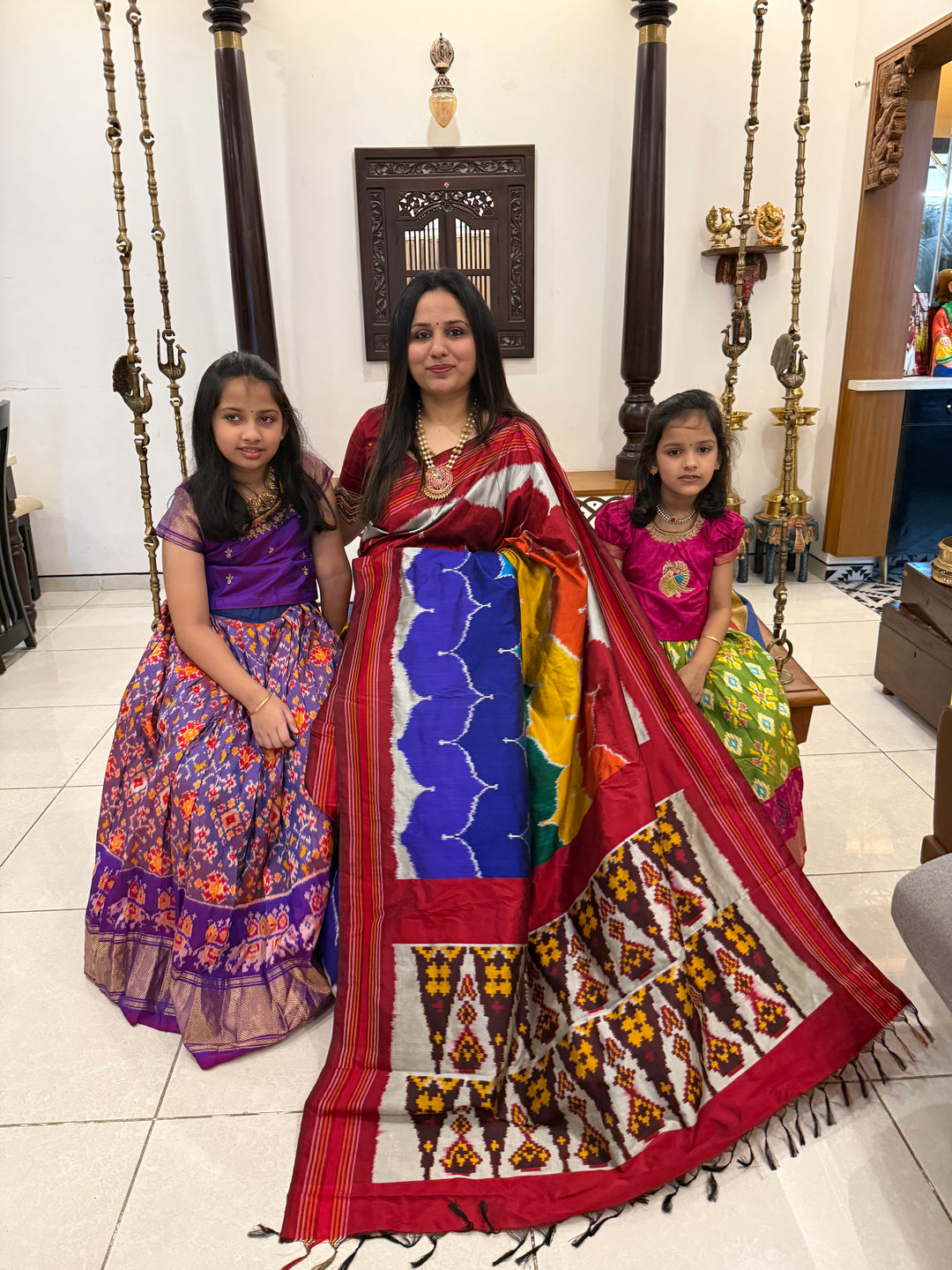 A fusion of Colours with Maroon borders and blouse , double ikkat , designer Pochampally Silk Saree