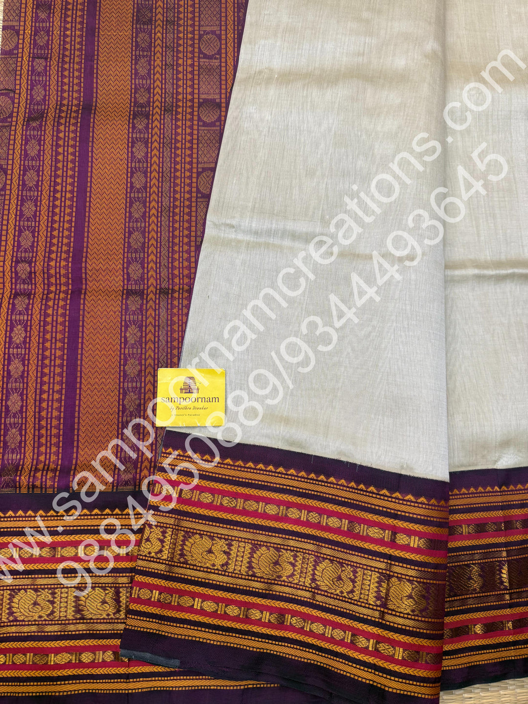 Ivory with Purple , traditional Kanchi border with rich  Pallu Korvai Silk Cotton Saree