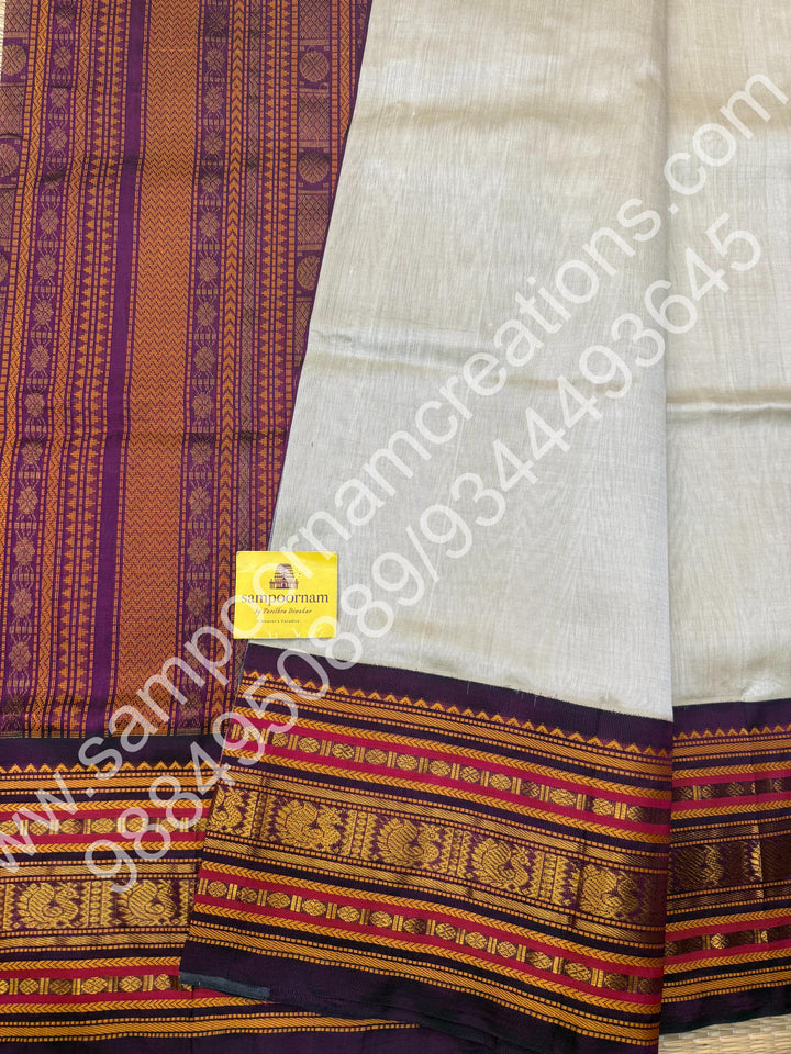 Ivory with Purple , traditional Kanchi border with rich  Pallu Korvai Silk Cotton Saree