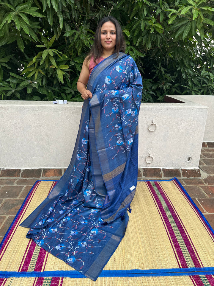 Floral Embroided Blue Pure Tussar Silk Saree