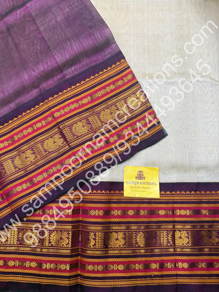 Ivory with Purple , traditional Kanchi border with rich  Pallu Korvai Silk Cotton Saree