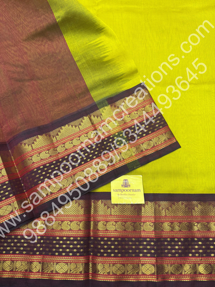 Olive Green with Maroon , traditional Lakshadeepam border with rich  Pallu Korvai Silk Cotton Saree