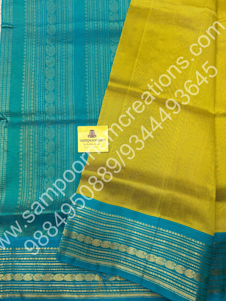 Lemon Green with Turquoise Blue , traditional  border with rich  Pallu Korvai Silk Cotton Saree