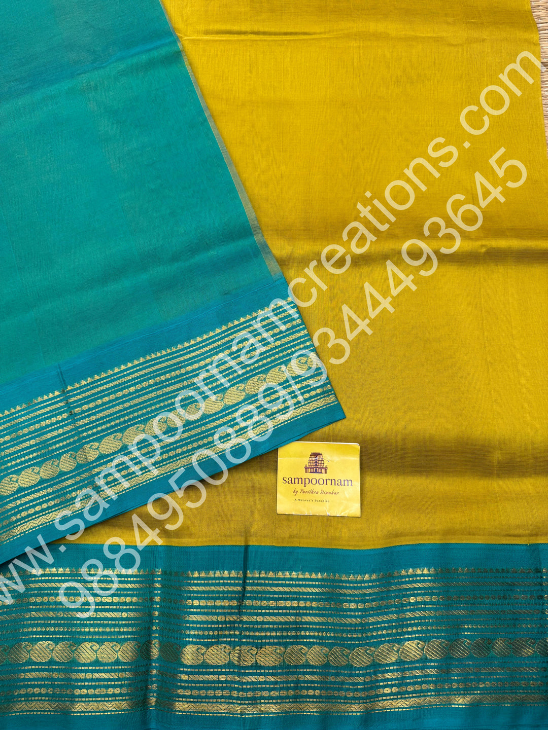 Lemon Green with Turquoise Blue , traditional  border with rich  Pallu Korvai Silk Cotton Saree