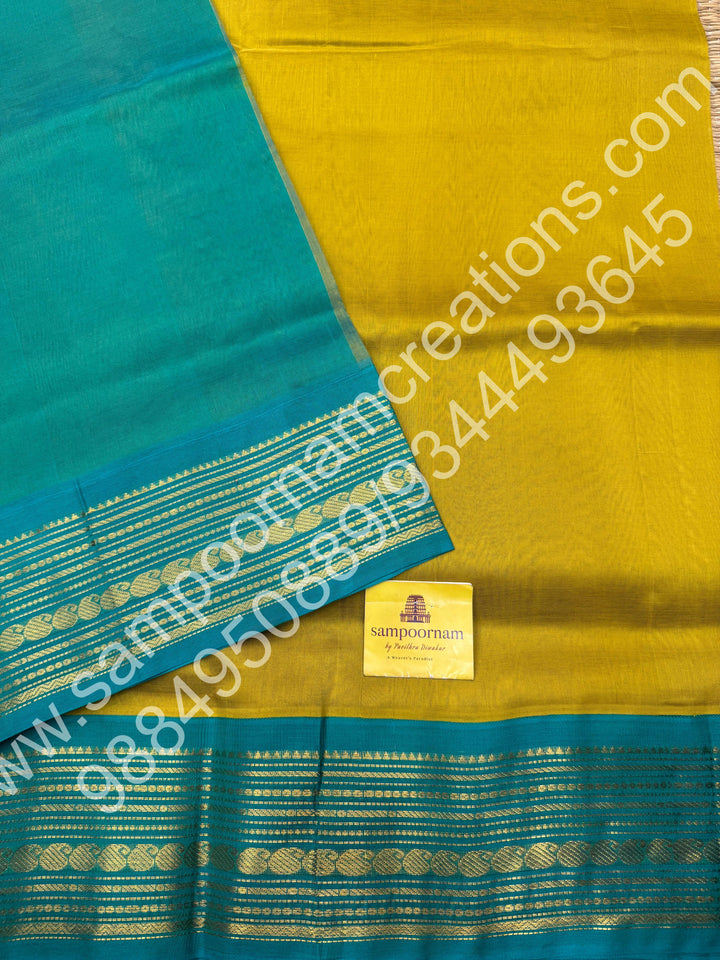Lemon Green with Turquoise Blue , traditional  border with rich  Pallu Korvai Silk Cotton Saree