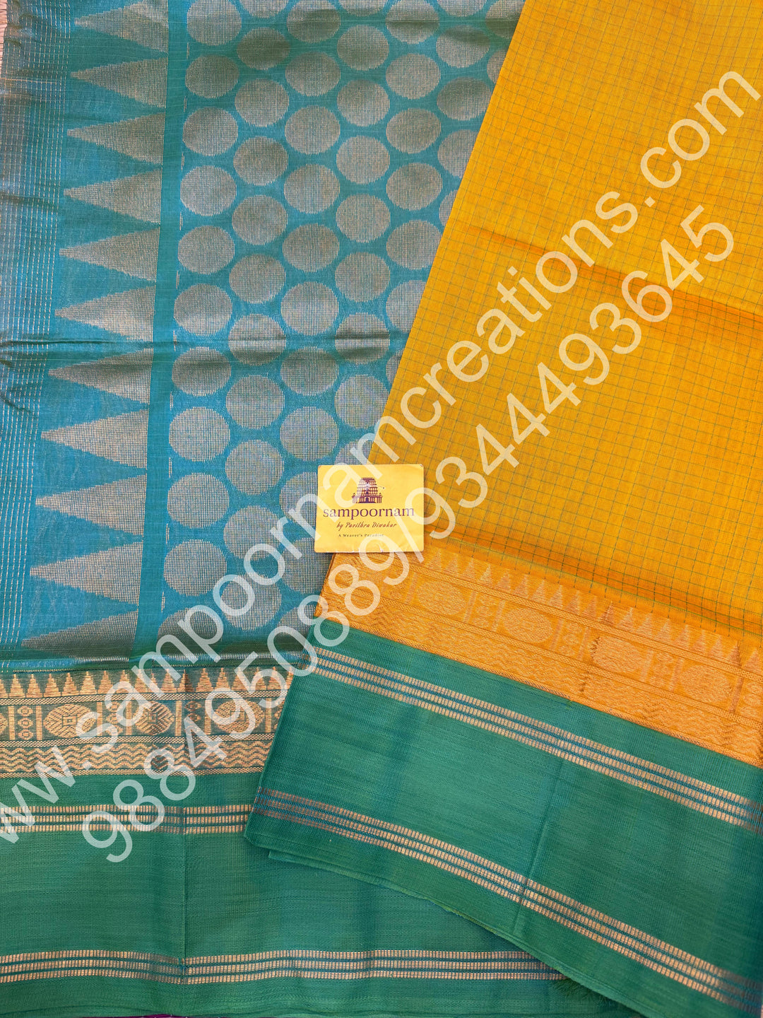 Turmeric Yellow with Ramar Green  , thread  Podi Kattam in the body , rettapet border and rich Pallu Korvai Silk Cotton Saree