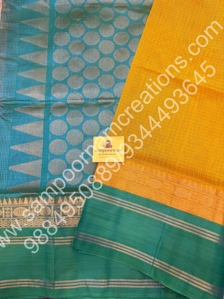 Turmeric Yellow with Ramar Green  , thread  Podi Kattam in the body , rettapet border and rich Pallu Korvai Silk Cotton Saree