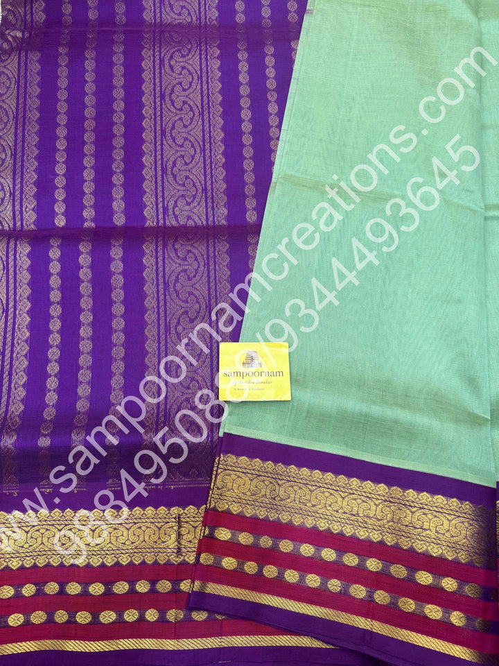 Pista Green with Vadamalli , traditional Kanchi border with rich  Pallu Korvai Silk Cotton Saree