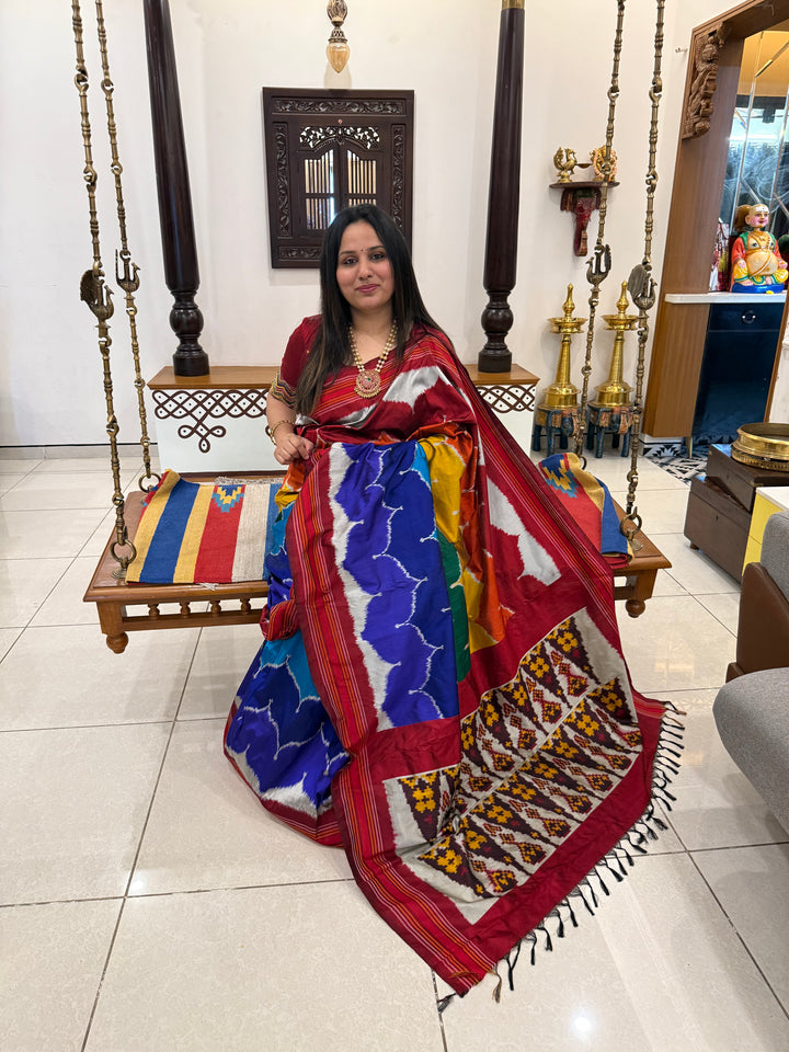 A fusion of Colours with Maroon borders and blouse , double ikkat , designer Pochampally Silk Saree