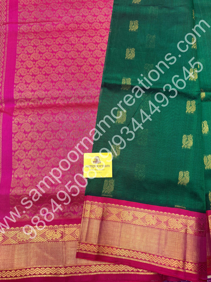 Green with Pink ,  , Rich Annam Zari butta in the body , traditional Silk Borders and Grand Pallu Korvai Silk Cotton Saree