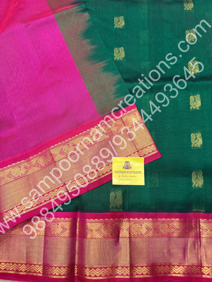 Green with Pink ,  , Rich Annam Zari butta in the body , traditional Silk Borders and Grand Pallu Korvai Silk Cotton Saree