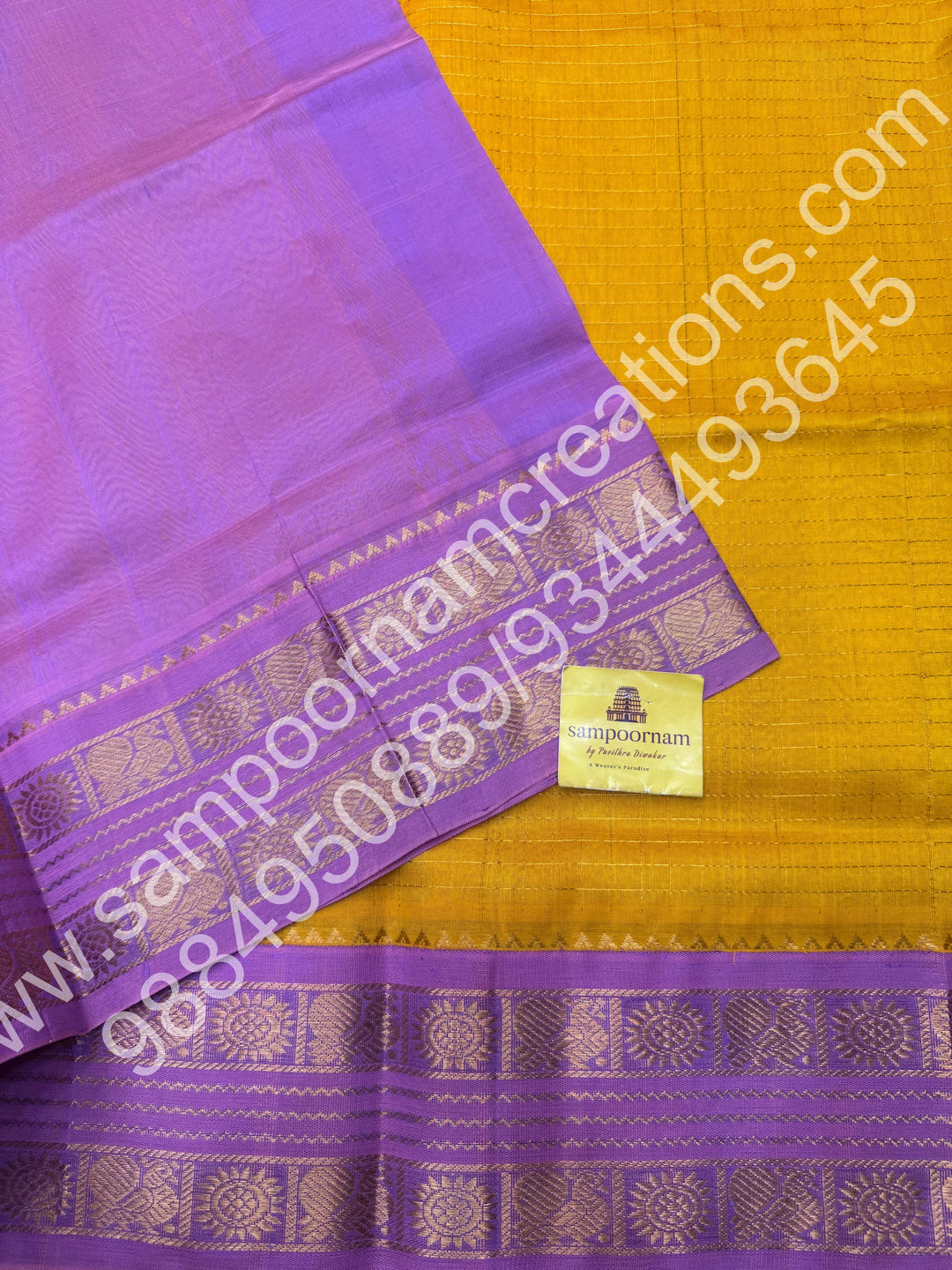 Turmeric Yellow with Lavender , rich Zari Kattam in the body , traditional border and rich Pallu Korvai Silk Cotton Saree
