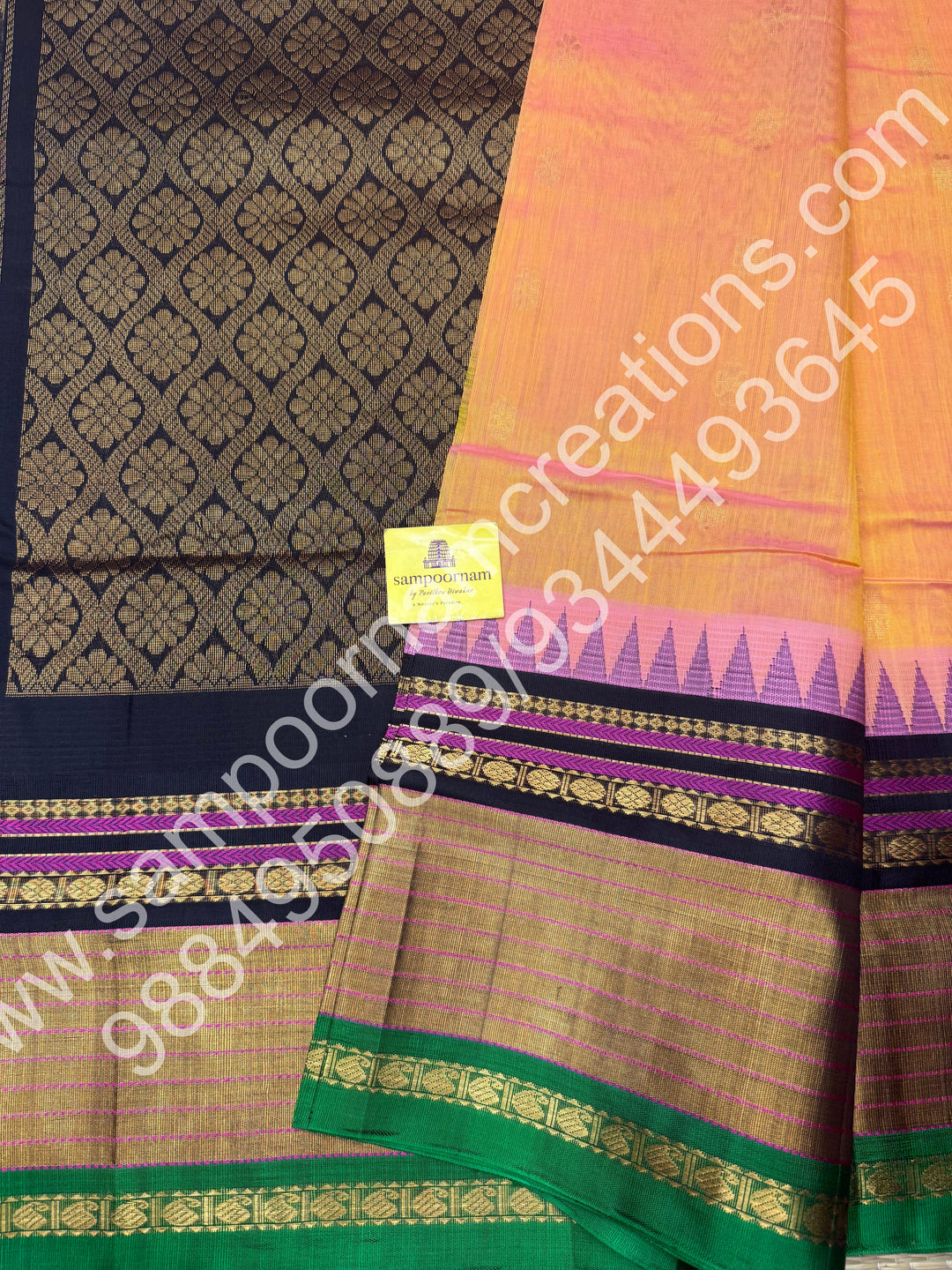 Peach with Black , rich floral Zari butta in the body , One side Long border and  Grand Pallu Korvai Silk Cotton Saree