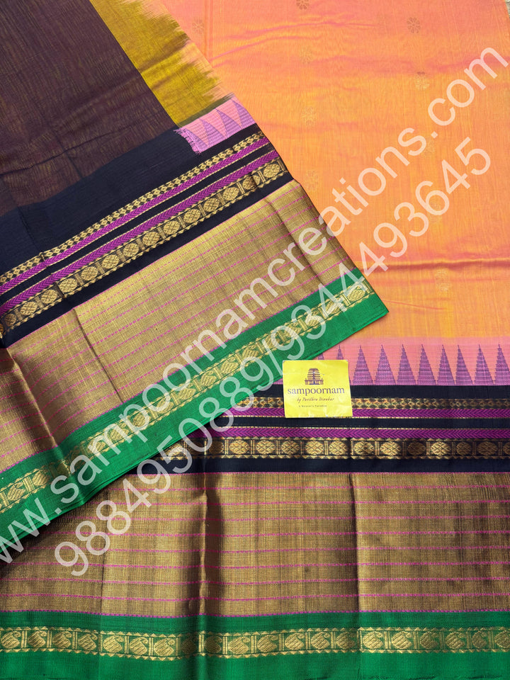 Peach with Black , rich floral Zari butta in the body , One side Long border and  Grand Pallu Korvai Silk Cotton Saree