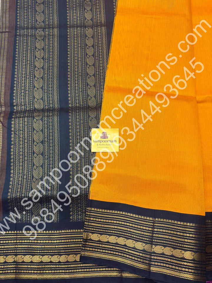 Yellow with Bottle Green  , traditional  border with rich  Pallu Korvai Silk Cotton Saree