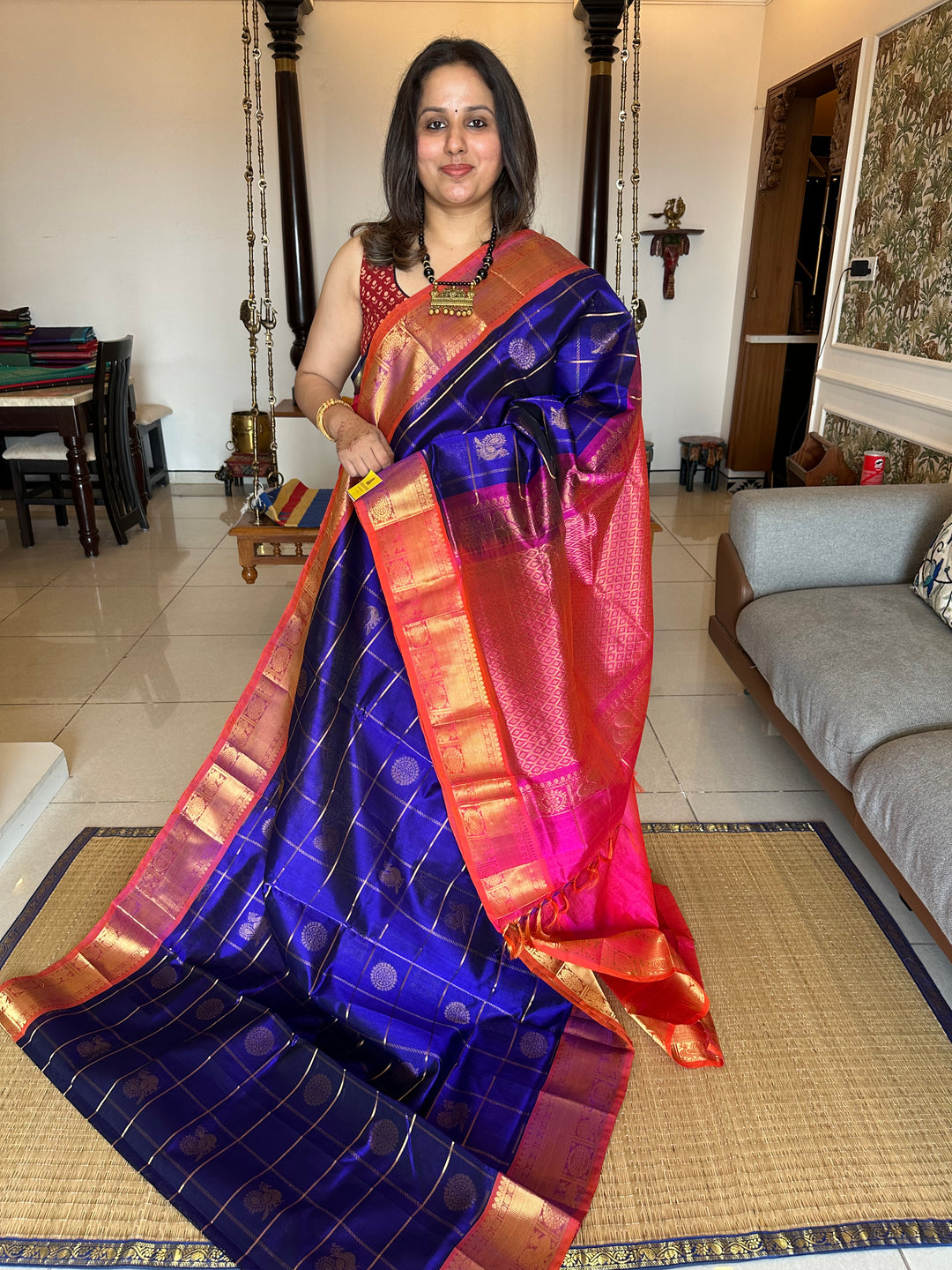Blue with Orangish Pink Mayil Chakram Silk Cotton Saree