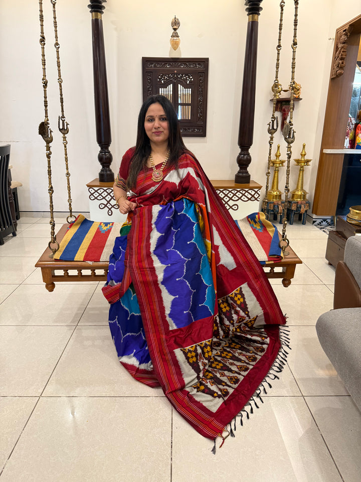 Multi coloured designer Pochampally pure silk saree with Ikkat Pallu and plain blouse