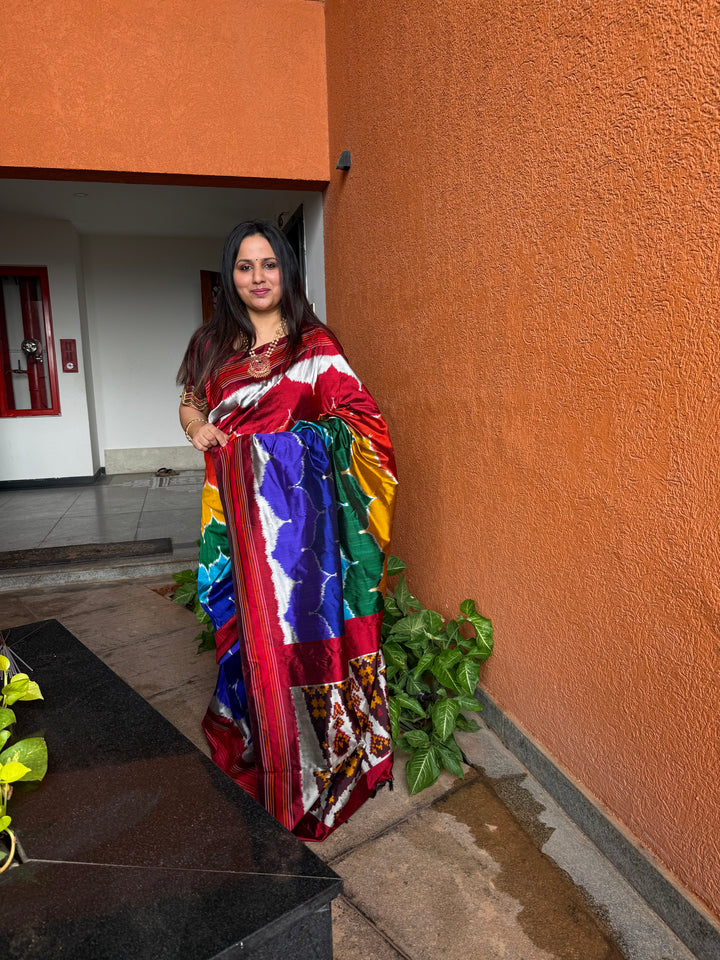 Multi coloured designer Pochampally pure silk saree with Ikkat Pallu and plain blouse