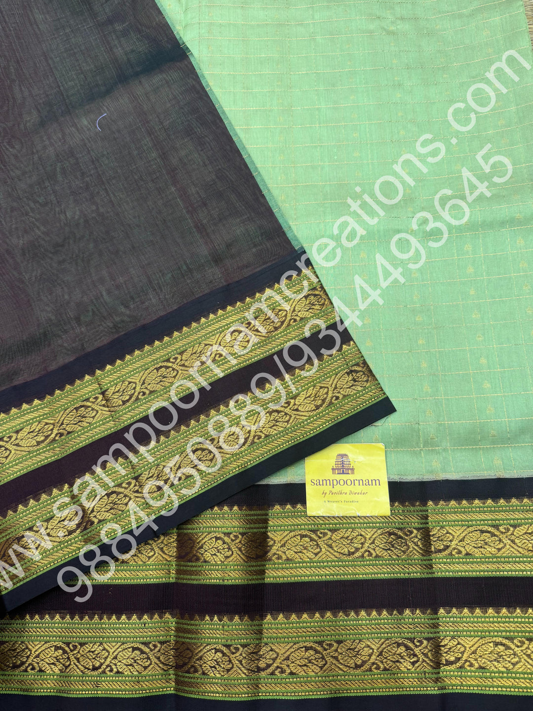 Mint Green with Dark Brown  , rich Zari Kattam with Butta  in the body , rettaapet  border and rich Pallu Korvai Silk Cotton Saree