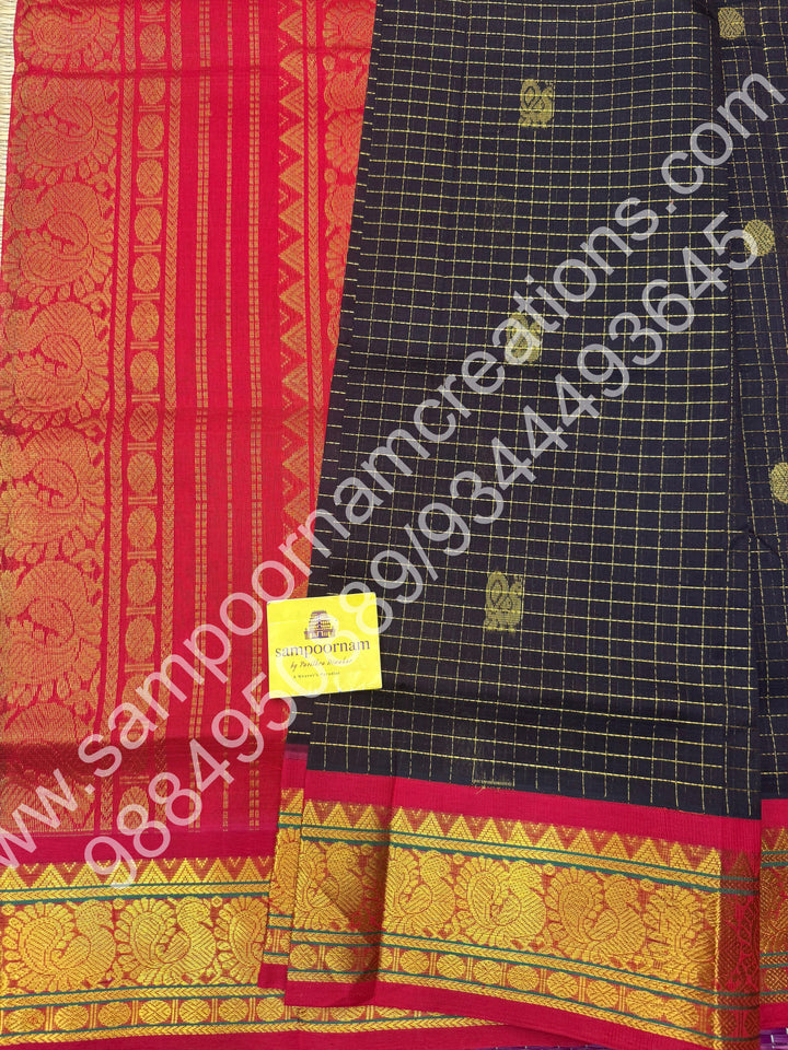 Dark Brown with Red , rich Zari Kattam with Mayil and Chakkram butta  in the body , traditional border and rich Pallu Korvai Silk Cotton Saree
