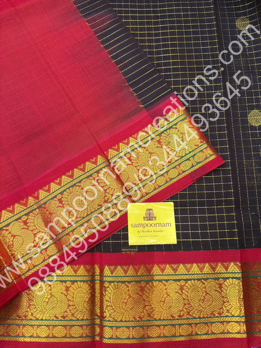 Dark Brown with Red , rich Zari Kattam with Mayil and Chakkram butta  in the body , traditional border and rich Pallu Korvai Silk Cotton Saree