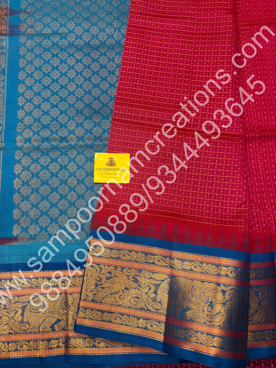 Hot Pink with Ramar Blue , rich traditional borders and Lakshadeepam Zari Buttas all over the body and Grand Pallu Korvai Silk Cotton Saree