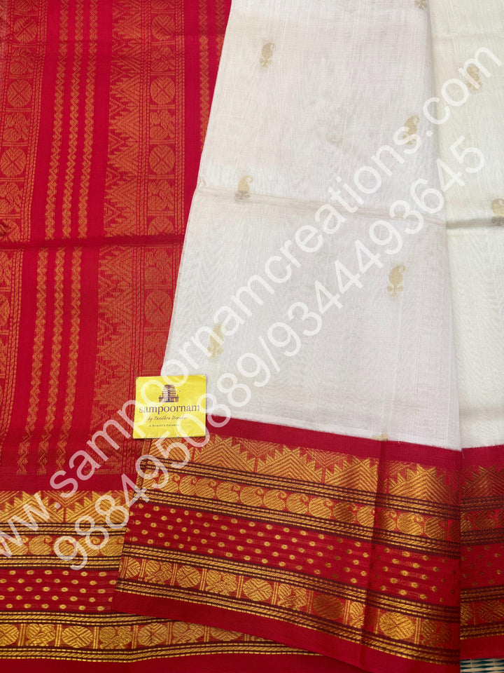 Cream with Red , rich Mango Zari butta in the body , Lakshadeepam borders and Grand Pallu Korvai Silk Cotton Saree
