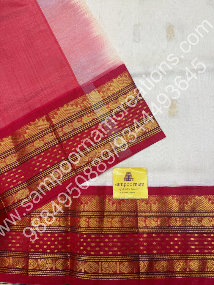 Cream with Red , rich Mango Zari butta in the body , Lakshadeepam borders and Grand Pallu Korvai Silk Cotton Saree