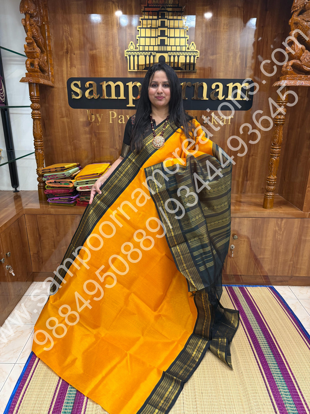 Yellow with Bottle Green  , traditional  border with rich  Pallu Korvai Silk Cotton Saree
