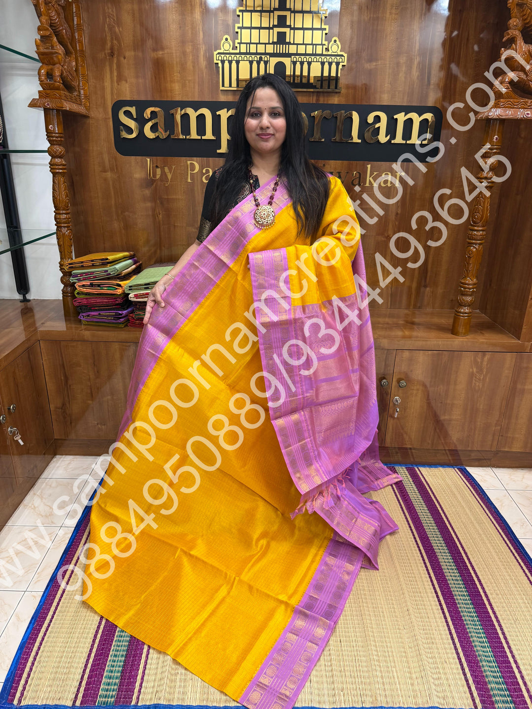 Turmeric Yellow with Lavender , rich Zari Kattam in the body , traditional border and rich Pallu Korvai Silk Cotton Saree