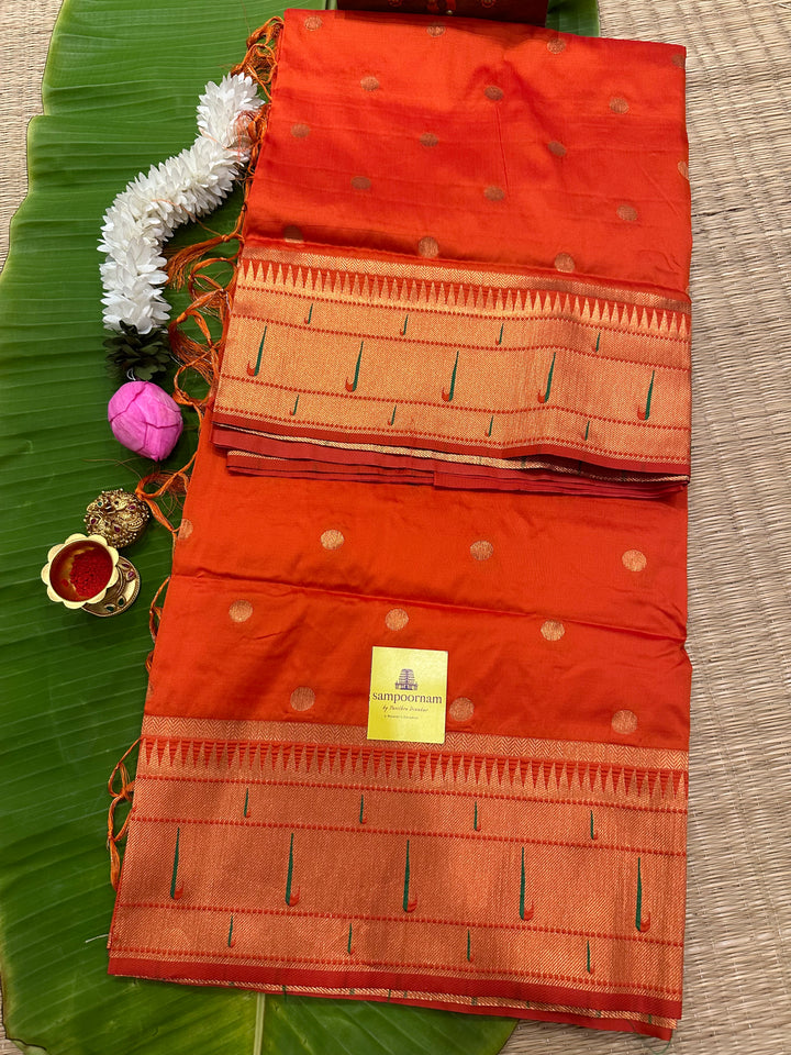 Semi Paithani Rust Orange with Body Butta Zari Brocade with Minakari Border and Heavy Minakari Zari Pallu