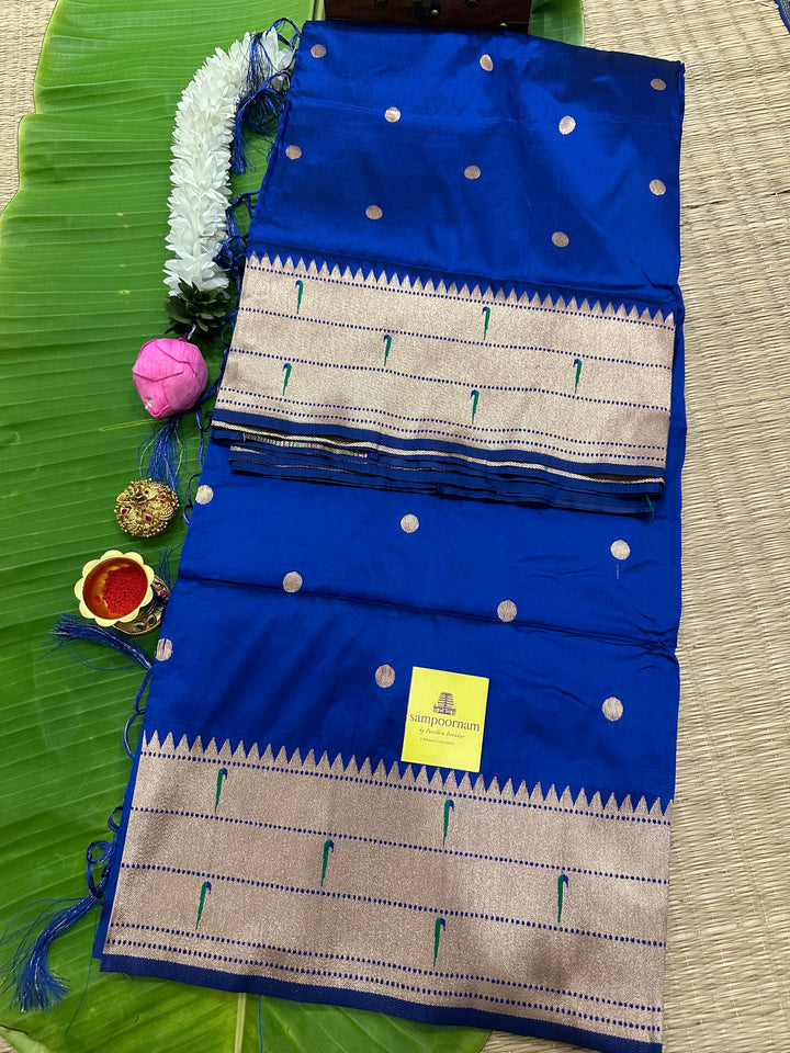 Semi Paithani Blue with Body Butta Zari Brocade with Minakari Border and Heavy Minakari Zari Pallu