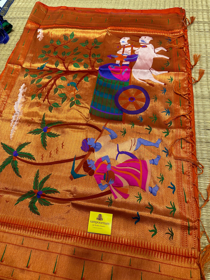 Semi Paithani Rust Orange with Body Butta Zari Brocade with Minakari Border and Heavy Minakari Zari Pallu