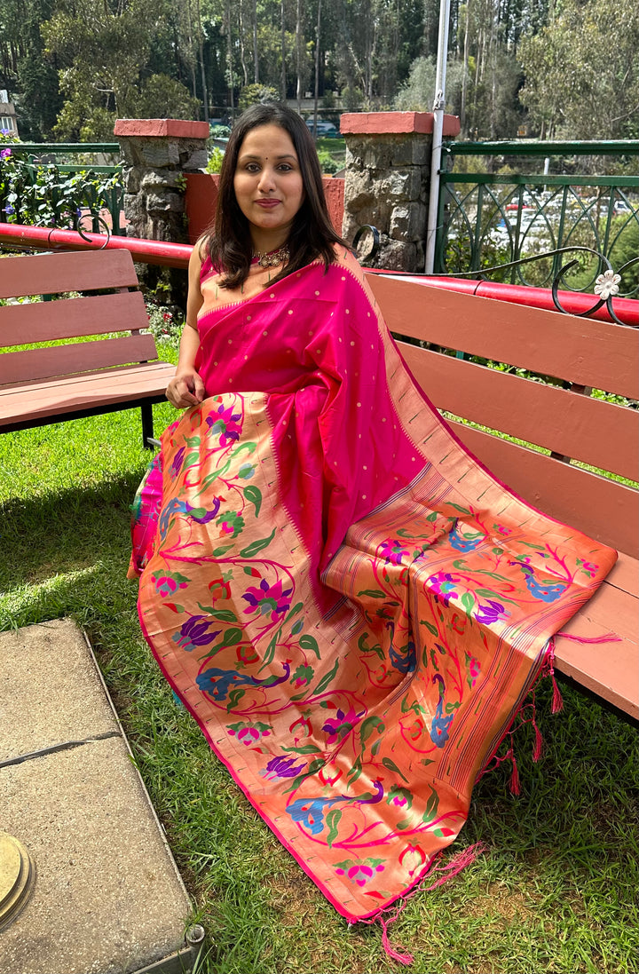 Semi Paithani Rani Pink with Body Butta Zari Brocade with Minakari Border and Heavy Minakari Zari Pallu