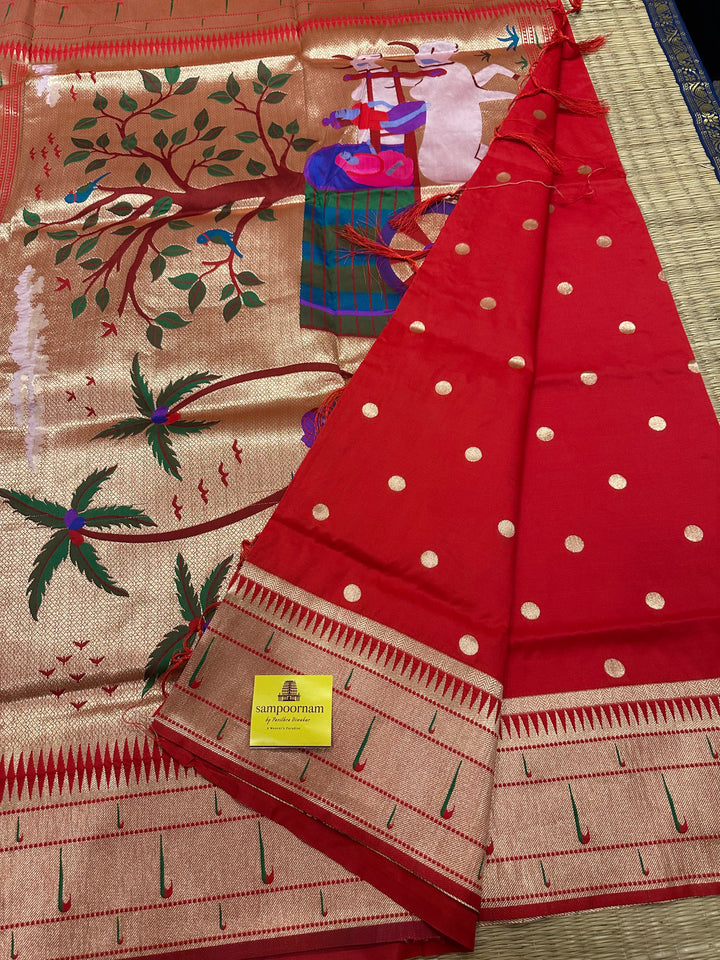 Semi Paithani Red with Body Butta Zari Brocade with Minakari Border and Heavy Minakari Zari Pallu