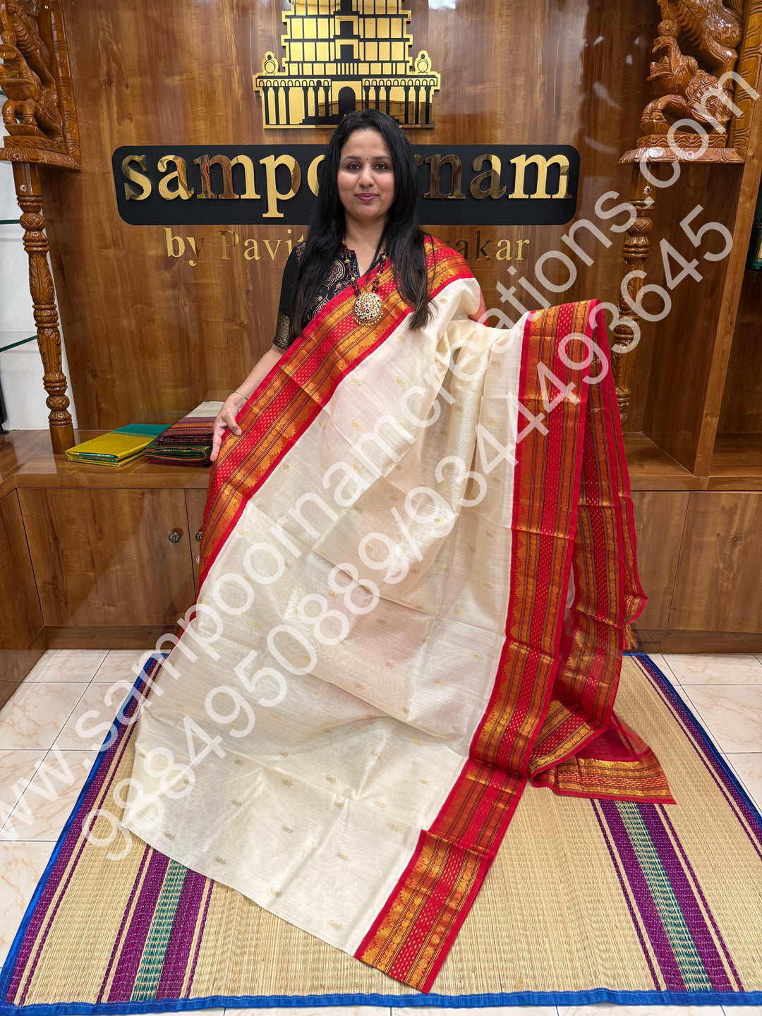 Cream with Red , rich Mango Zari butta in the body , Lakshadeepam borders and Grand Pallu Korvai Silk Cotton Saree
