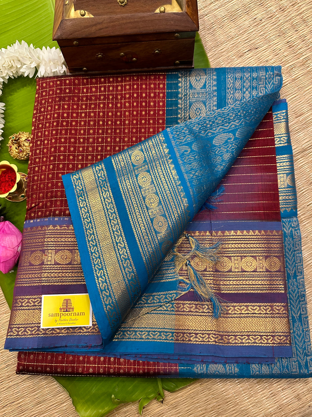 Dark Maroon with Blue Zari Lakshadeepam Silk Cotton Saree