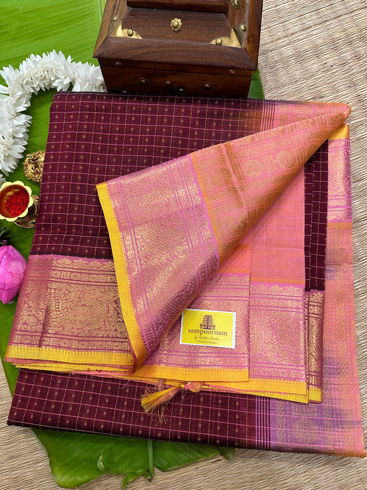 Maroon with Pastel Pink Lakshadeepam Silk Cotton Saree