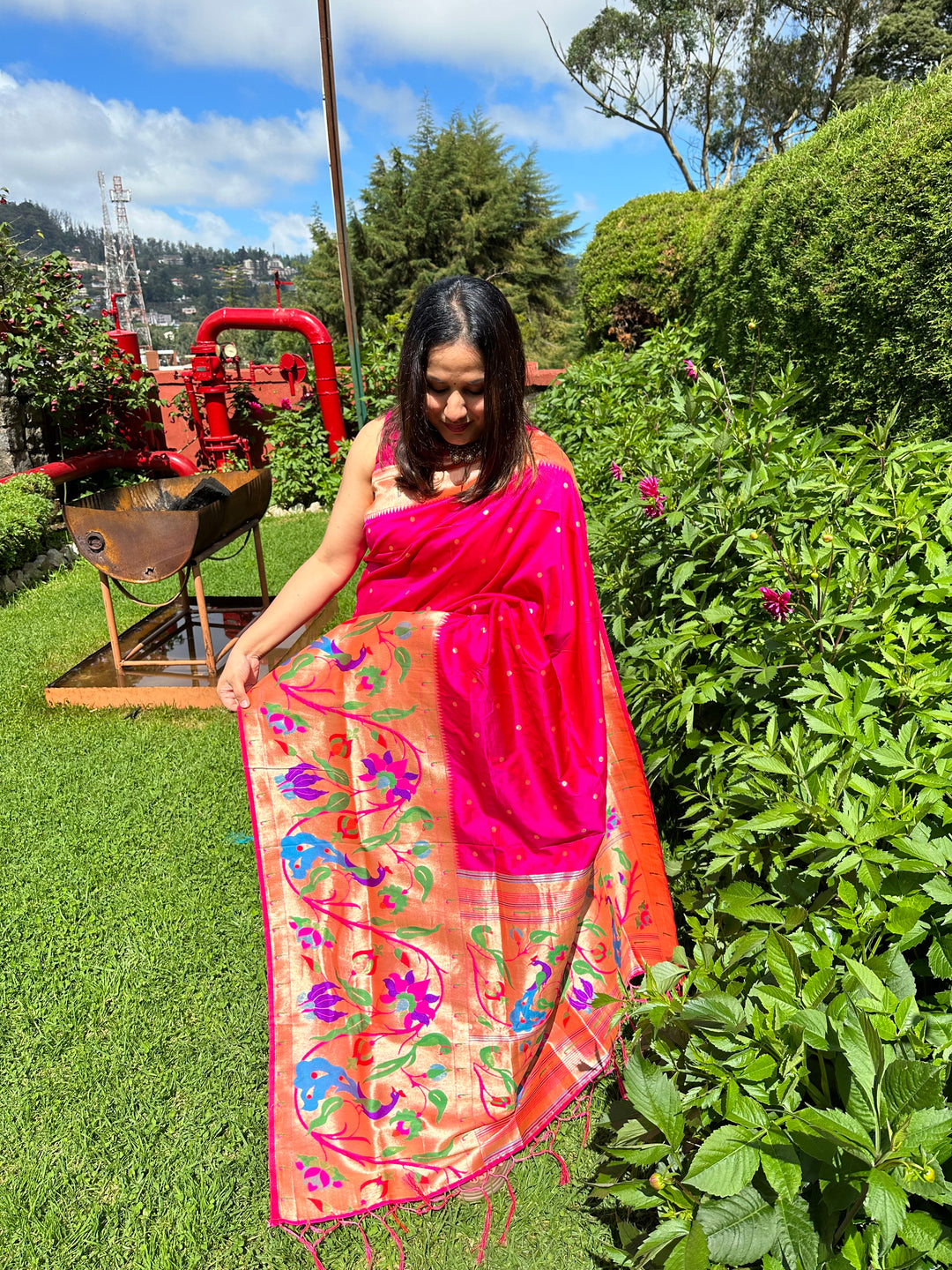 Semi Paithani Rani Pink with Body Butta Zari Brocade with Minakari Border and Heavy Minakari Zari Pallu