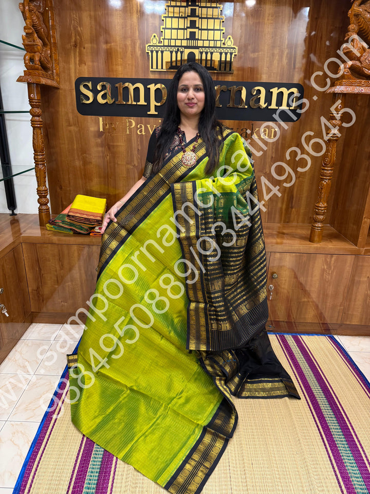 Parrot Green with Black  , rich Zari Kattam in the body , rettapet border and rich Pallu Korvai Silk Cotton Saree