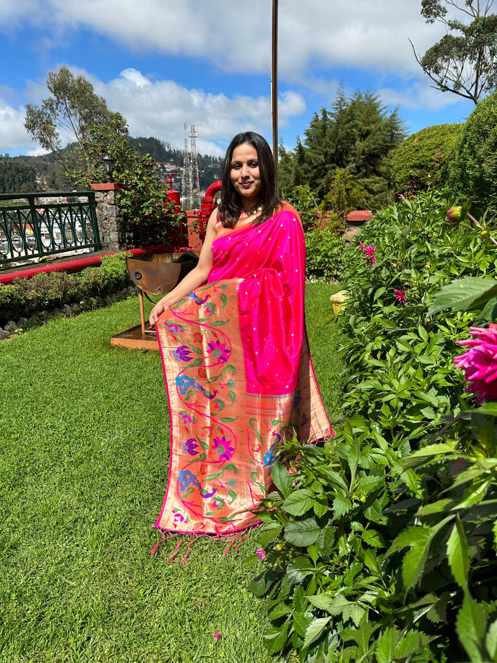 Semi Paithani Rani Pink with Body Butta Zari Brocade with Minakari Border and Heavy Minakari Zari Pallu