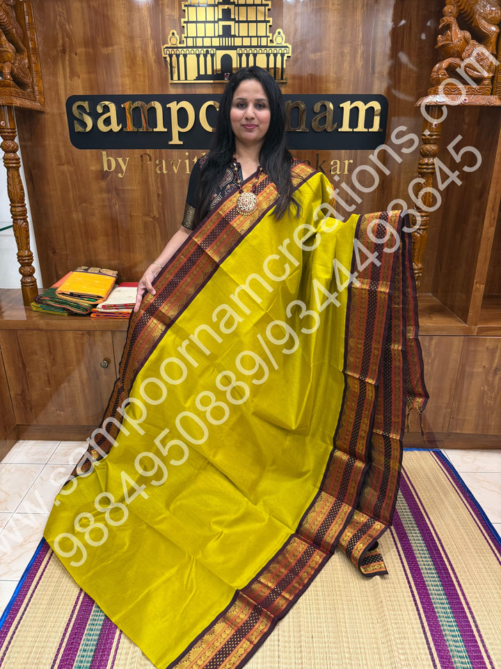 Olive Green with Maroon , traditional Lakshadeepam border with rich  Pallu Korvai Silk Cotton Saree