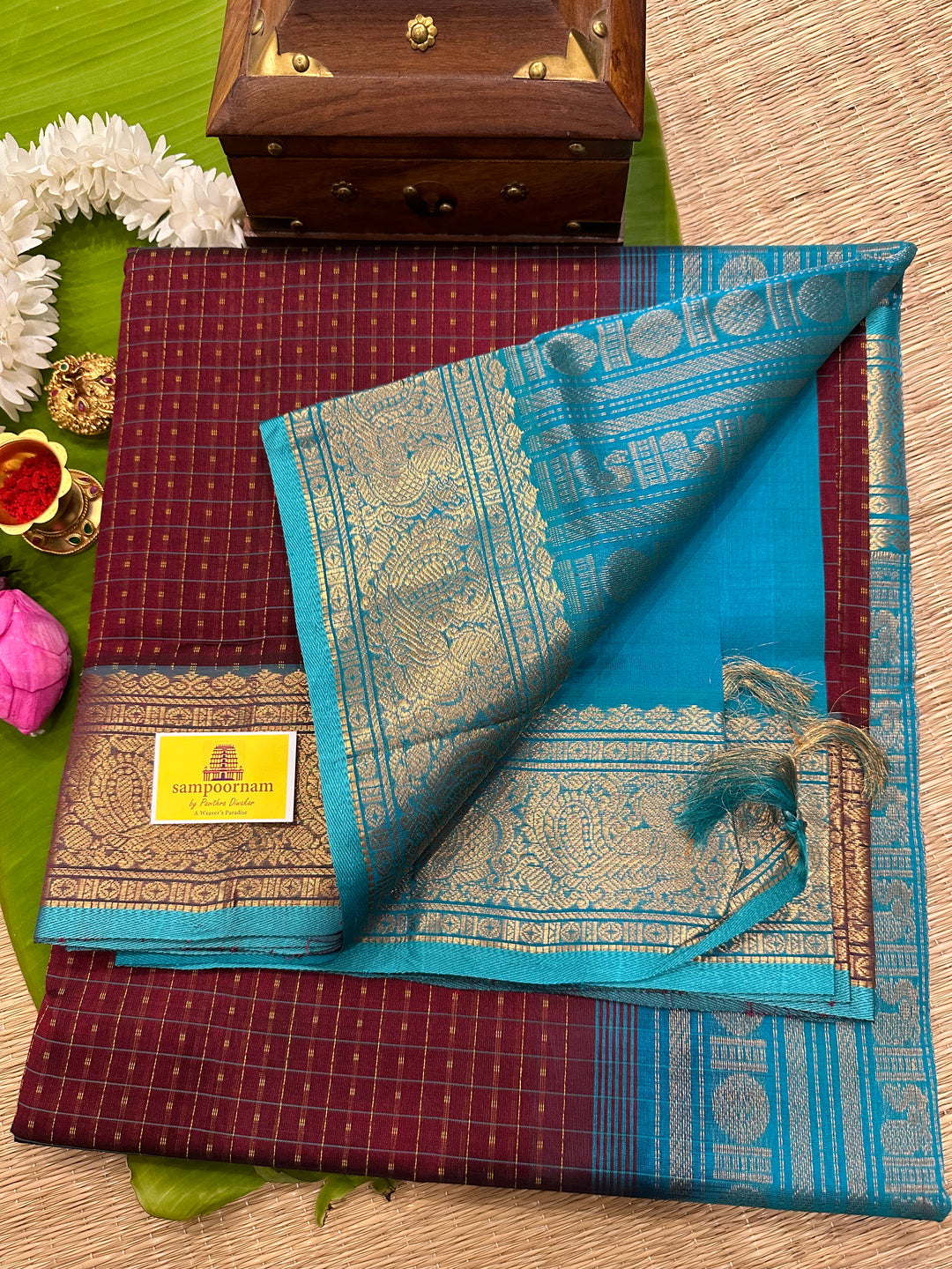 Maroon with Blue Lakshadeepam Silk Cotton Saree