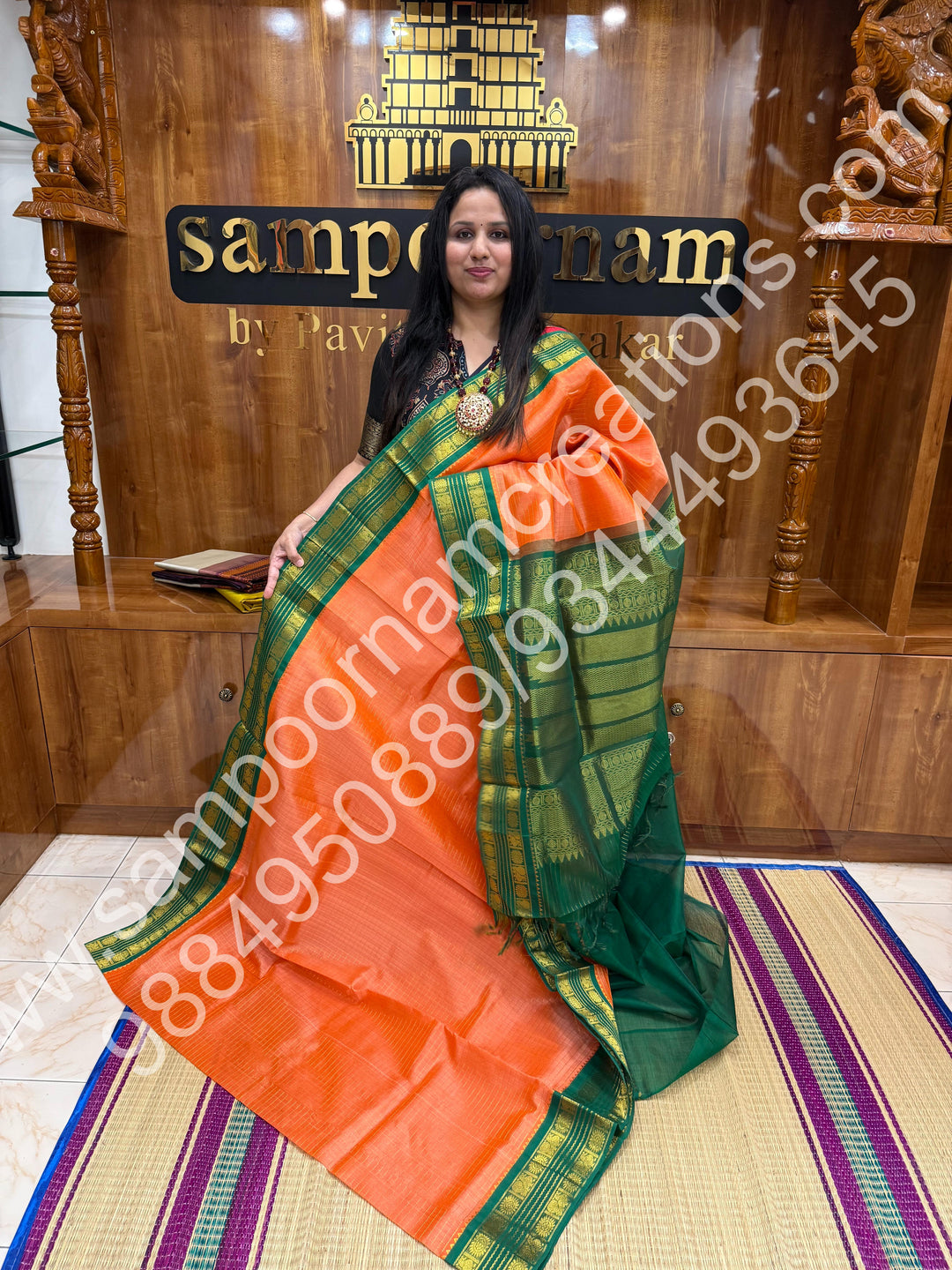 Light Kanakambaram with Green  , rich Zari Kattam in the body , rettapet border and rich Pallu Korvai Silk Cotton Saree