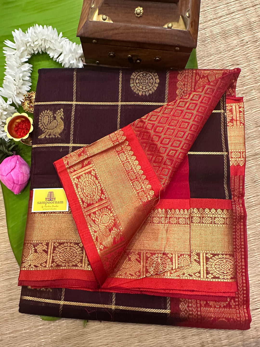 Brown with Red Mayil Chakram Silk Cotton Saree